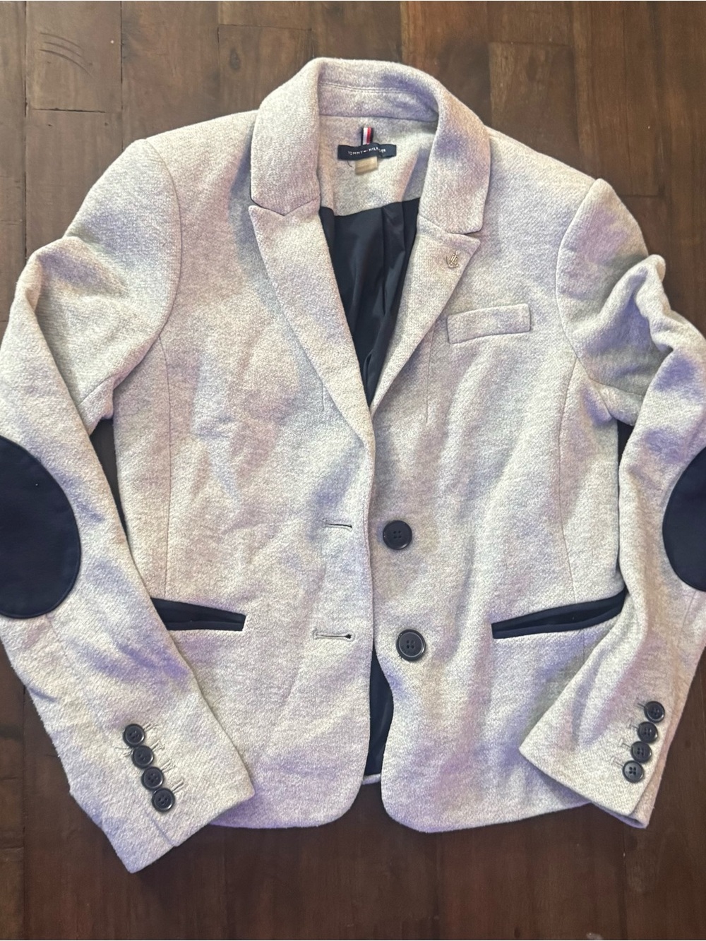 Tommy Hilfiger Light Gray Textured Blazer with Navy Elbow Patches